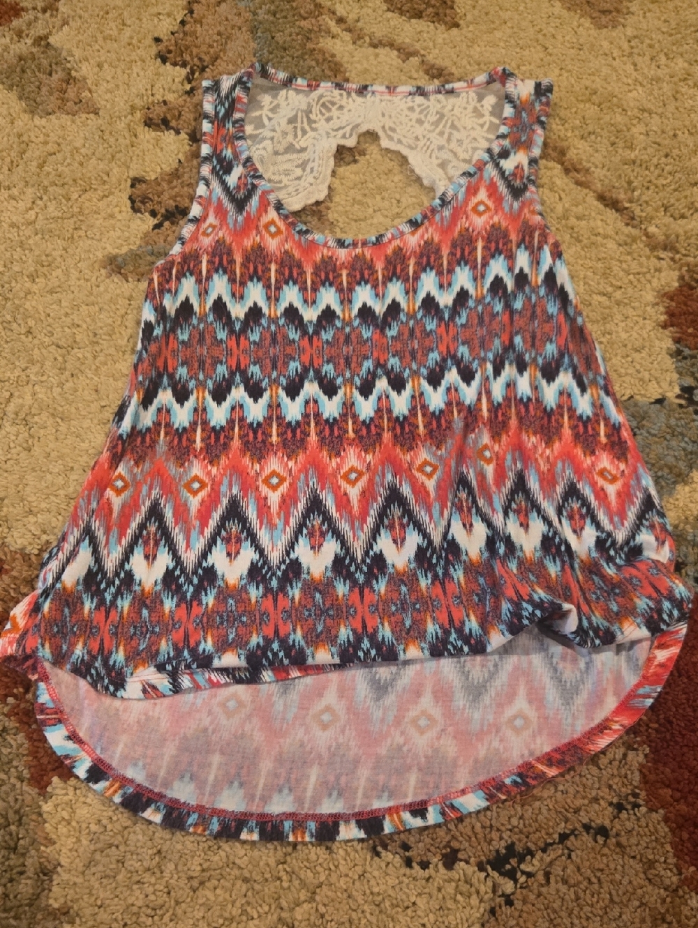 No Boundaries Coral, Blue & White Aztec Lace-Back Tank Top